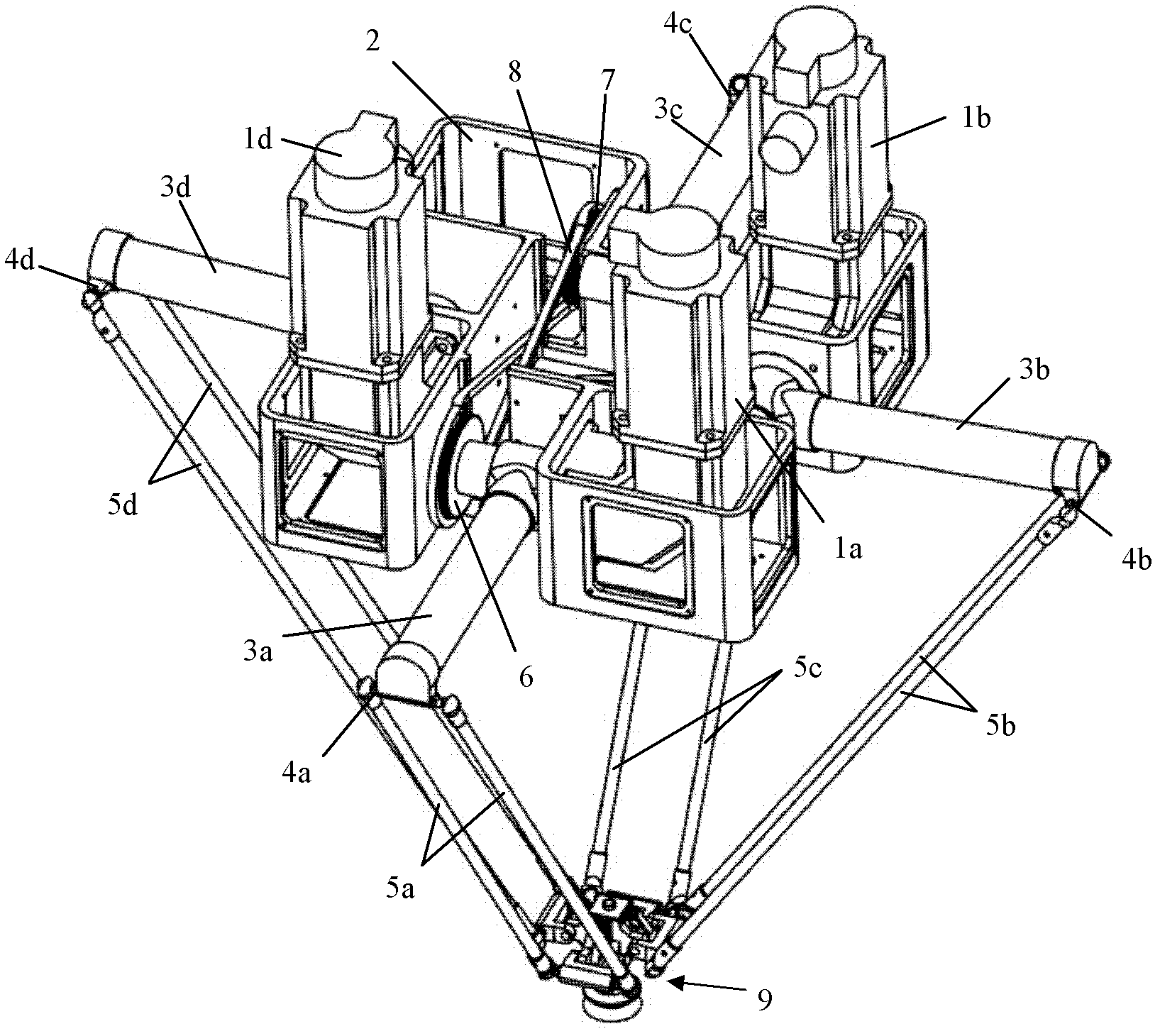 Four-branch-chain two-dimensional translation and one-dimensional rotation freedom parallel mechanical arm