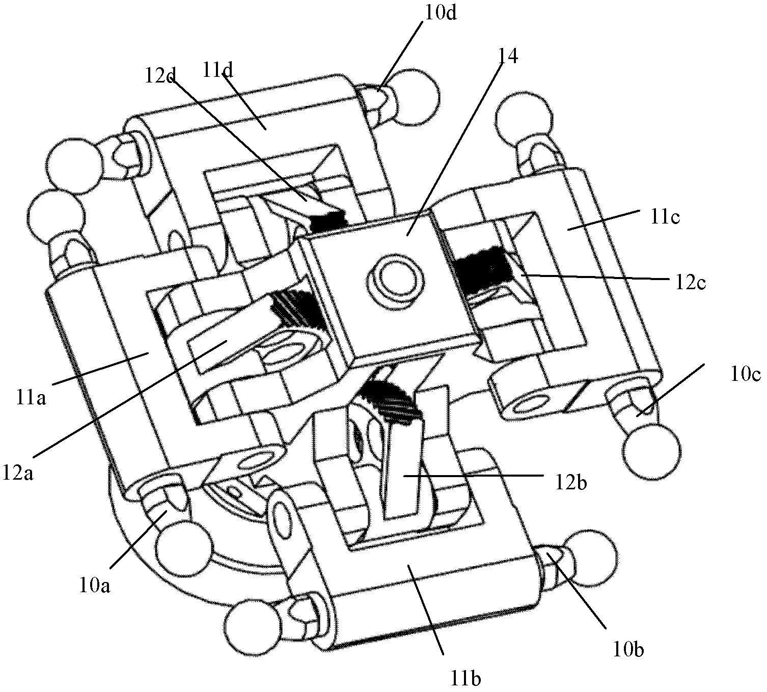 Four-branch-chain two-dimensional translation and one-dimensional rotation freedom parallel mechanical arm