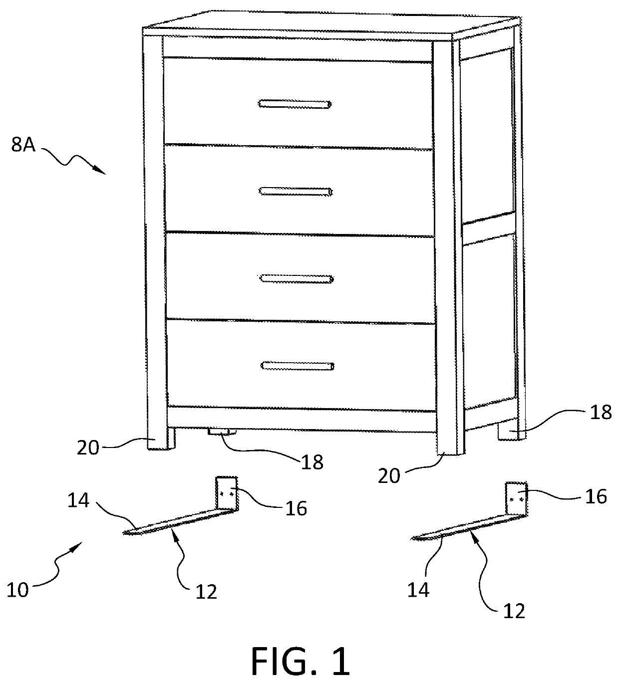 L-shaped furniture anti-tipping mechanisms