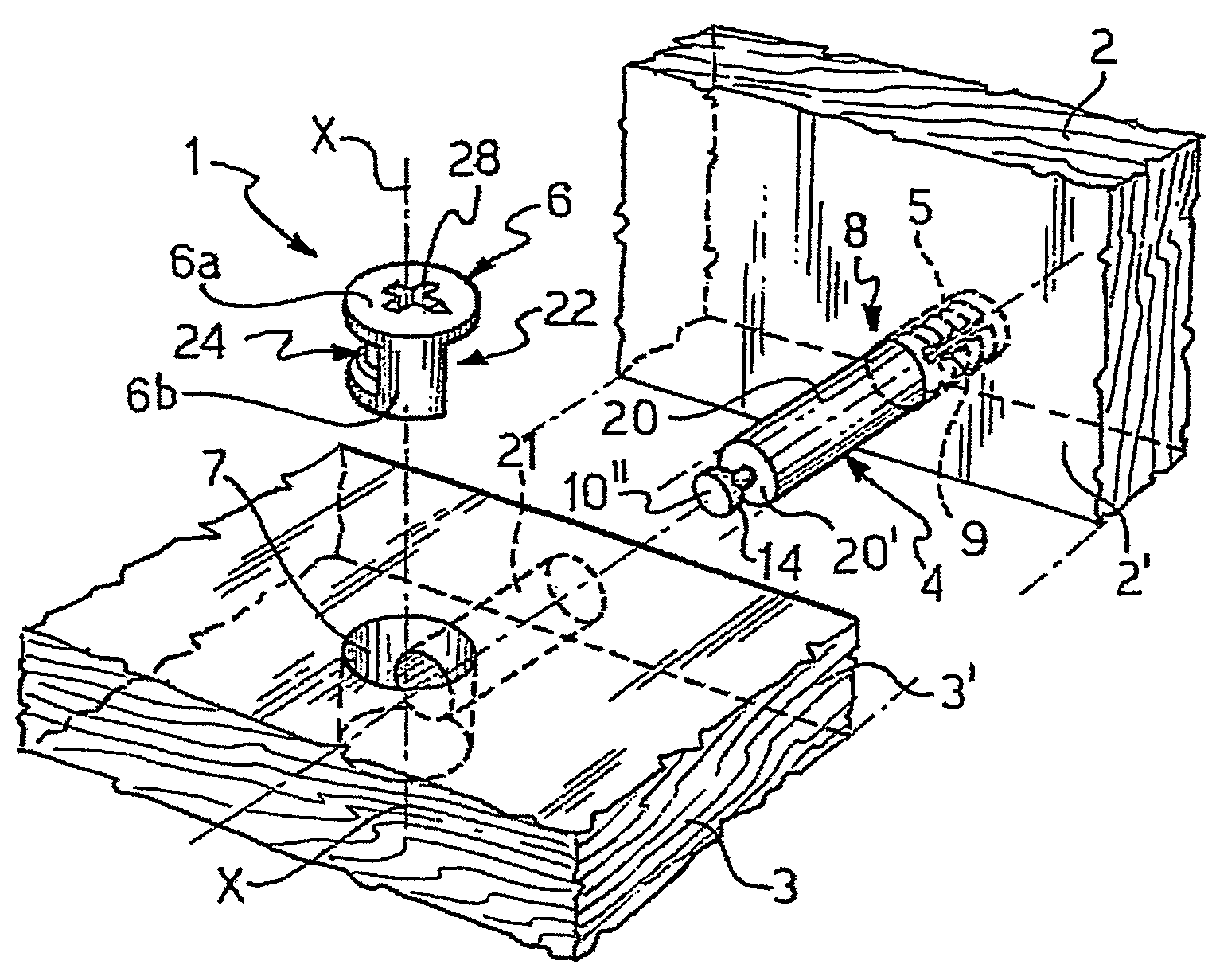 Device and method for detachably connecting abutting structural parts and tie member for use to form said device