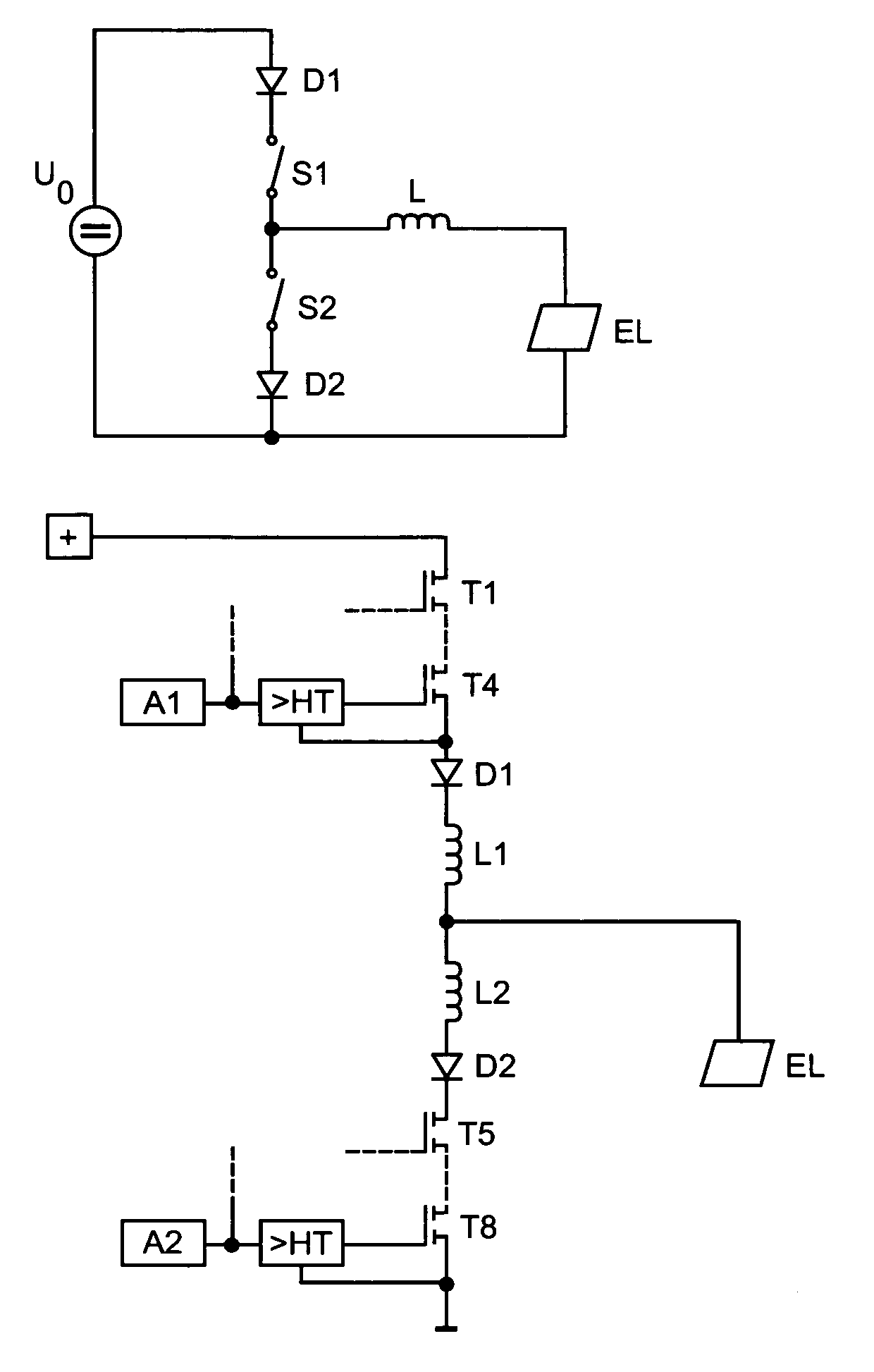Circuit arrangement having a converter without a transformer but with an inductor for the pulsed operation of dielectric barrier discharge lamps