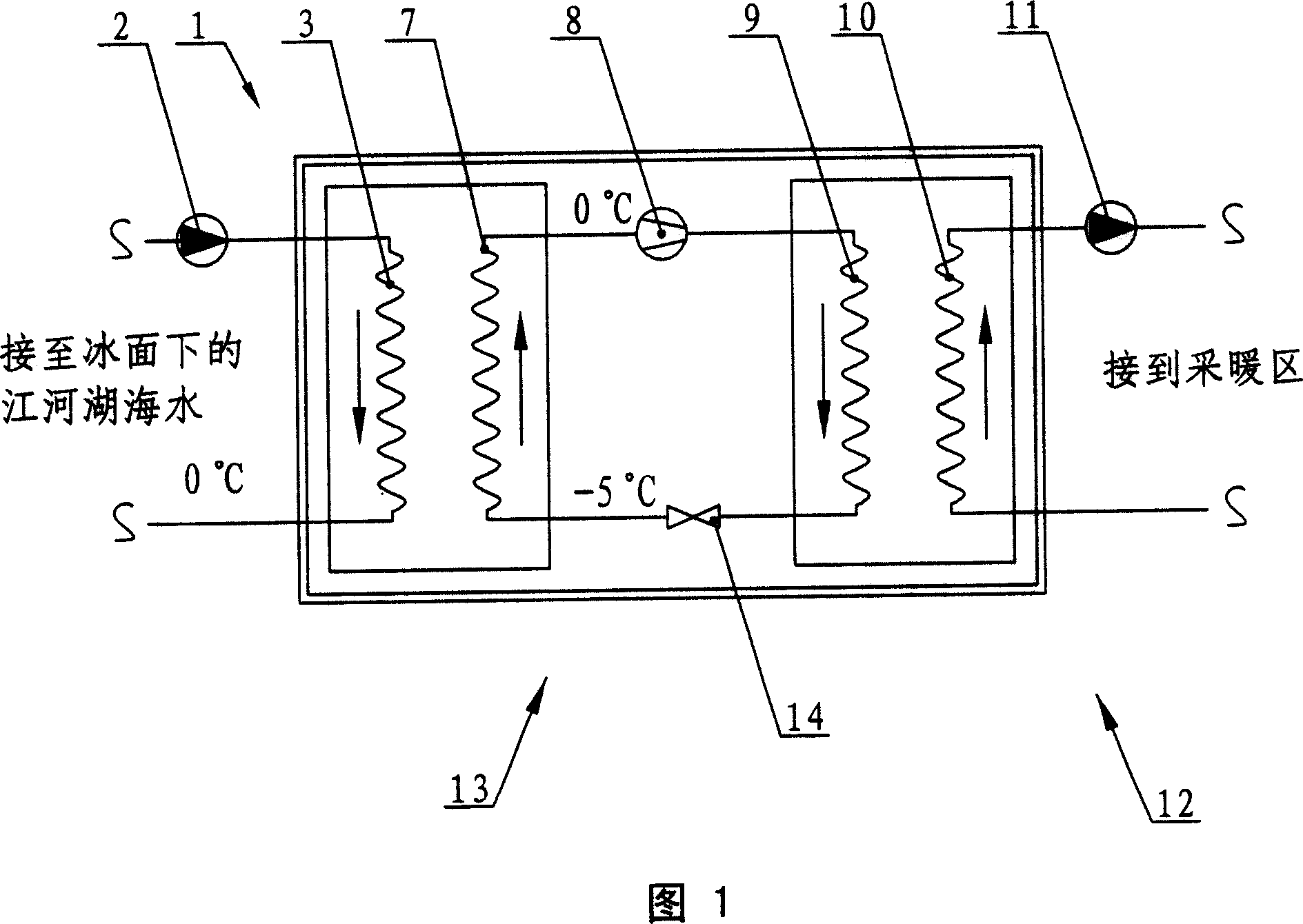 Extracting system of thermal energy of water of rivers, lakes and seas below the ice surface