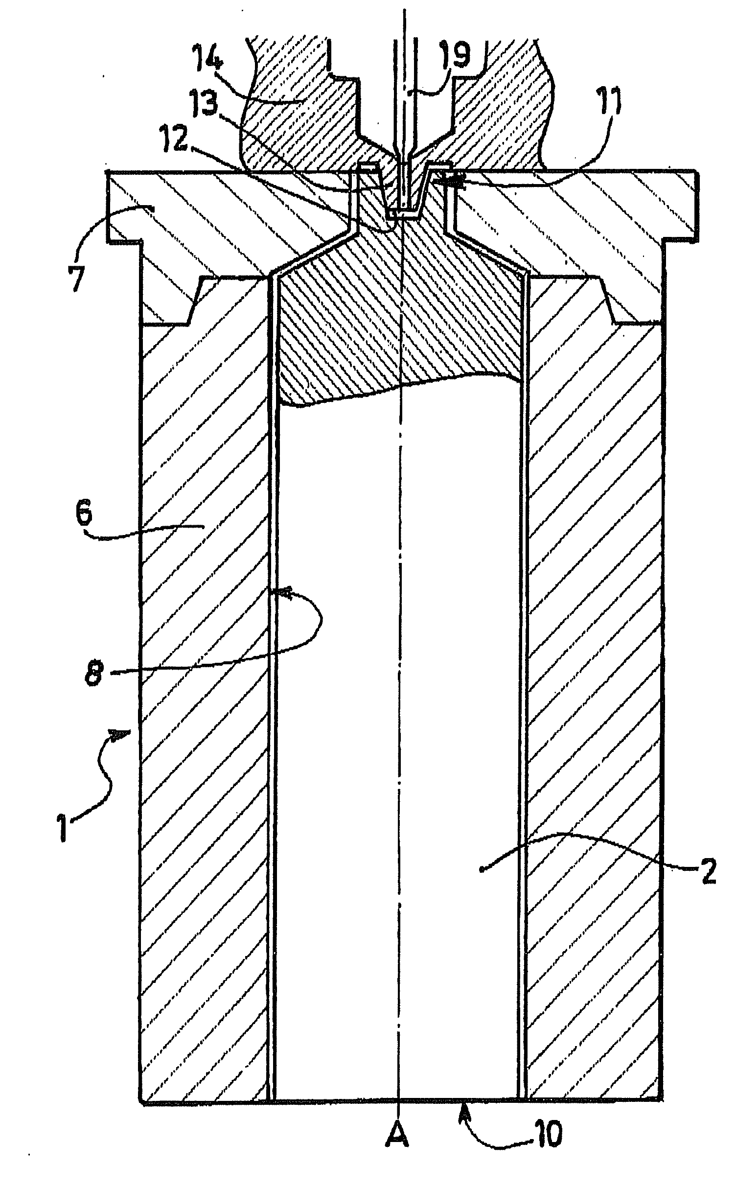 Device for injection molding a tubular element from synthetic material
