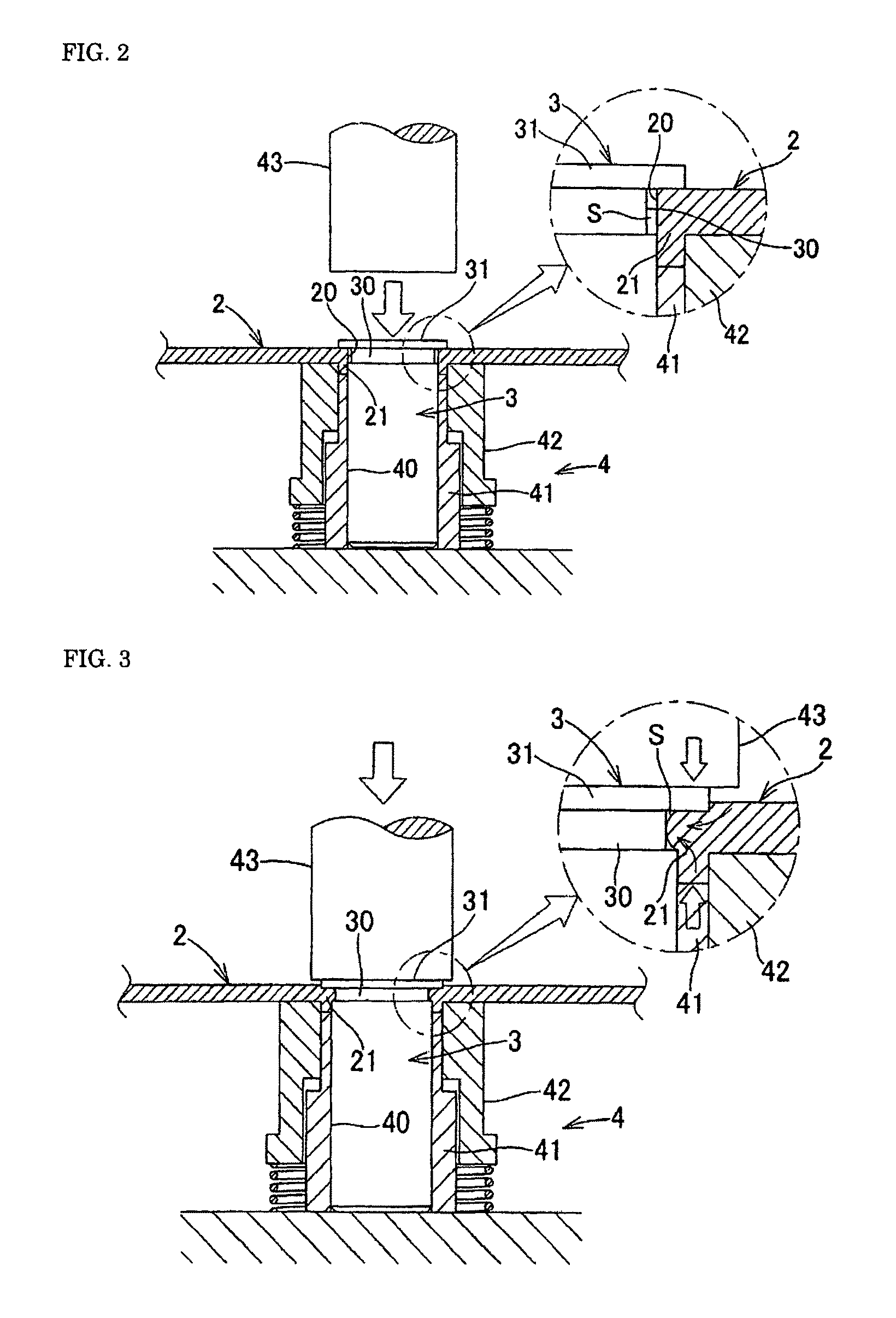 Caulked assembly of metal plate body with columnar body, caulked assembly of resin molded body with columnar body, and method for producing the same