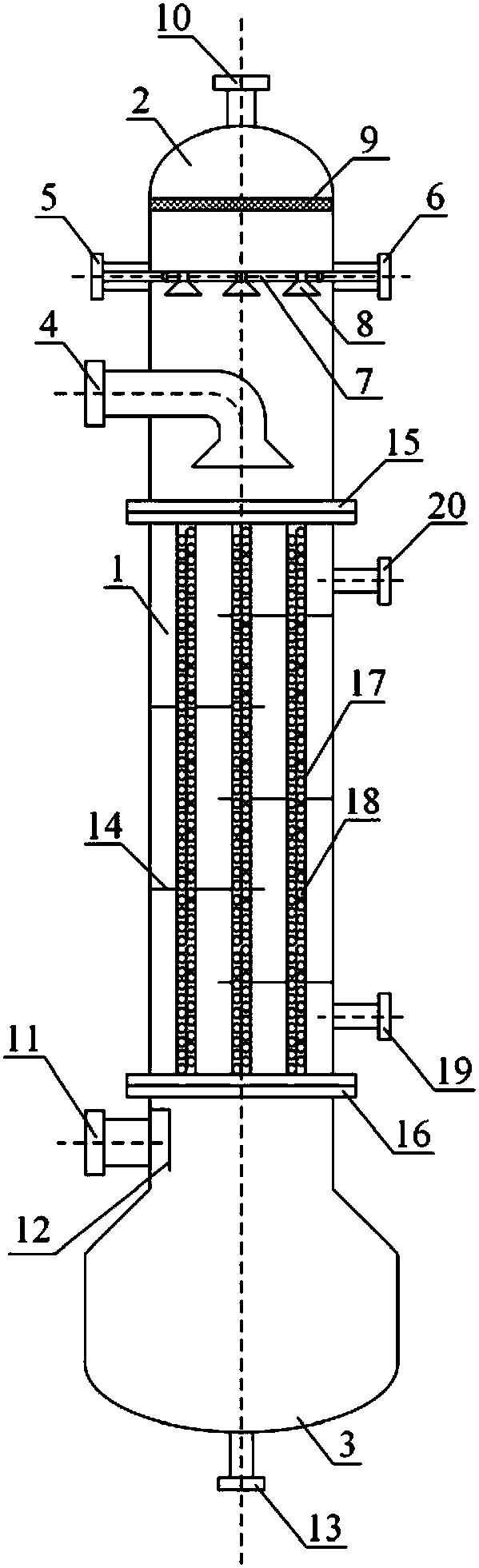Falling-film type absorbing and condensing device and method
