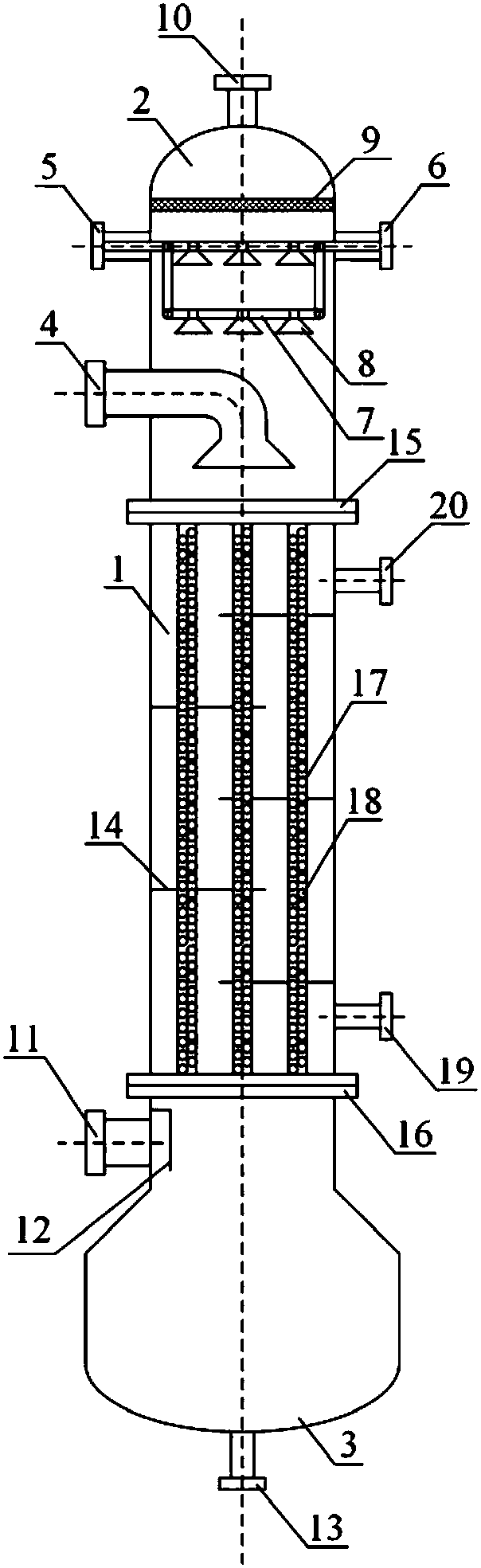 Falling-film type absorbing and condensing device and method