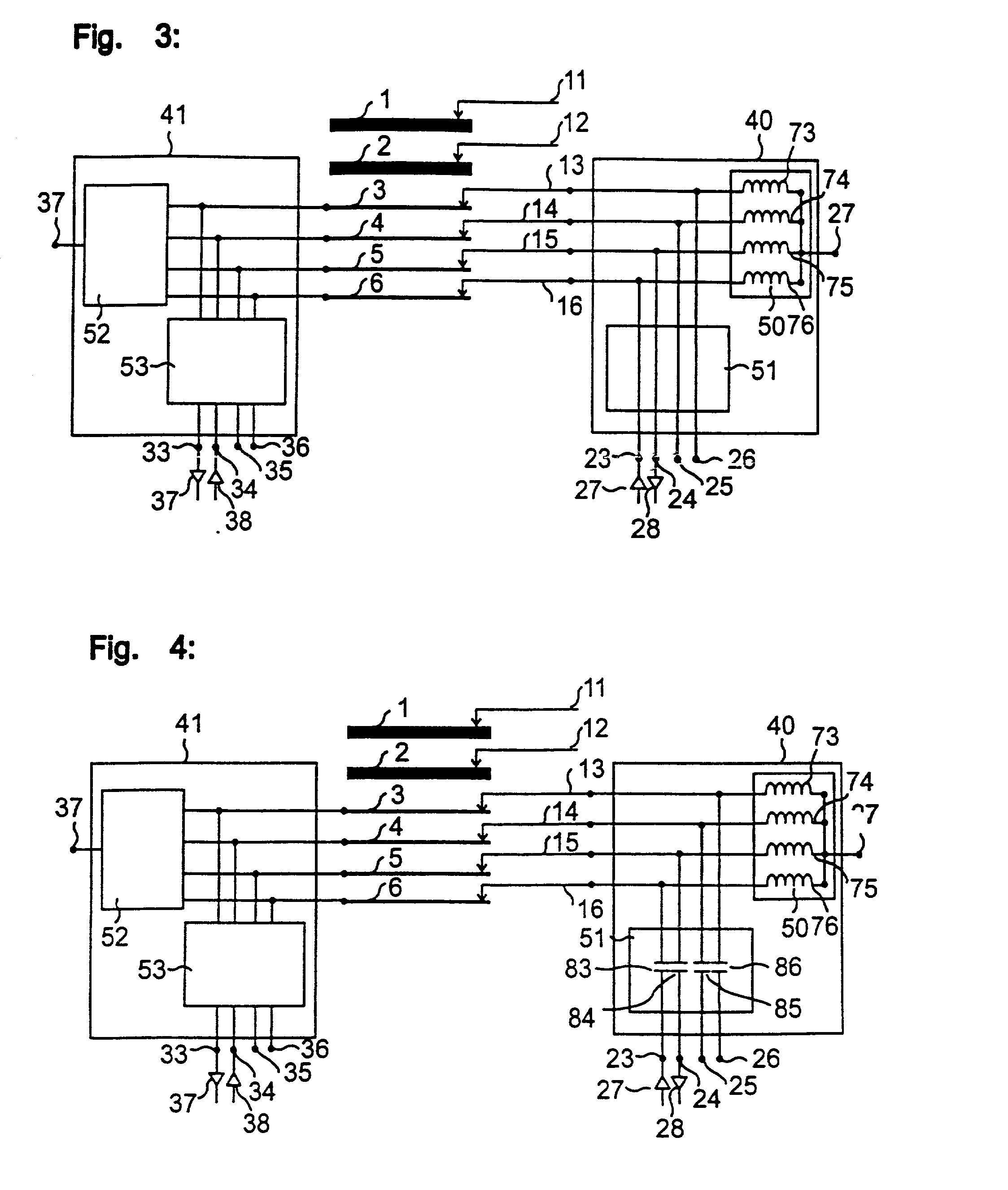 Array for the transmission of electrical signals between moving units at a reduced number of paths