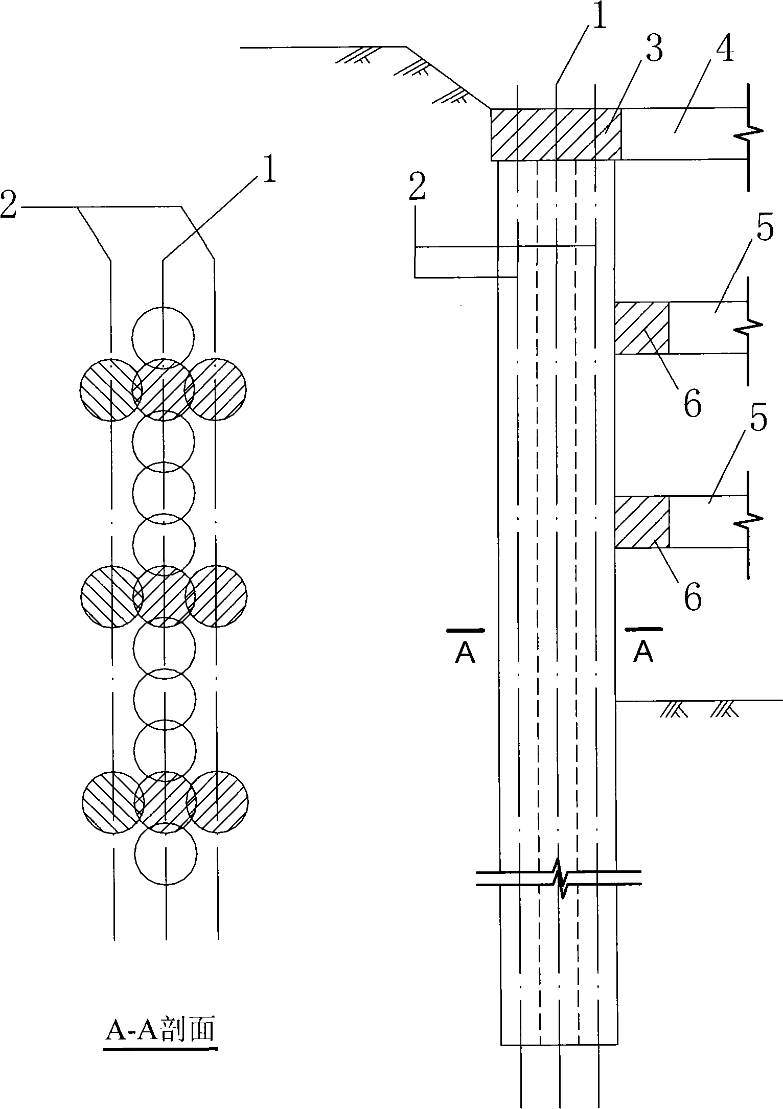 Method of using rotational multiaxial borehole pouring concrete occluding pile wall for enclosing deep foundation pit and slope protection project