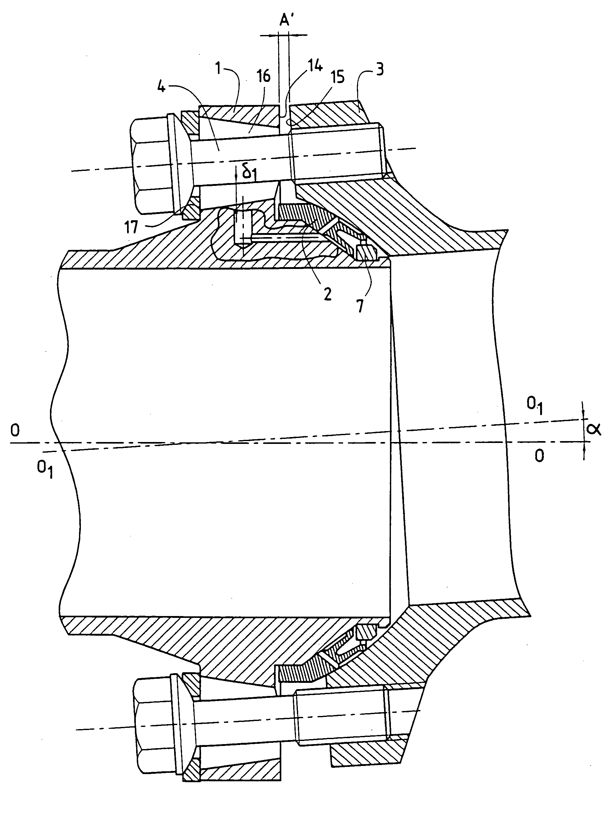 Flanged coupling device with a static ball-and-socket joint