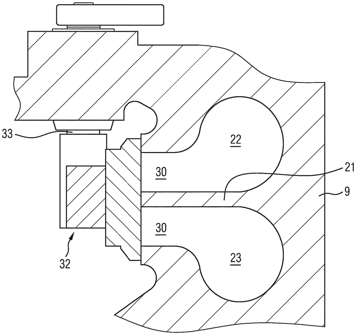 Turbine for an exhaust turbocharger having a two-volute turbine housing and a linear valve for volute connection and wastegate control