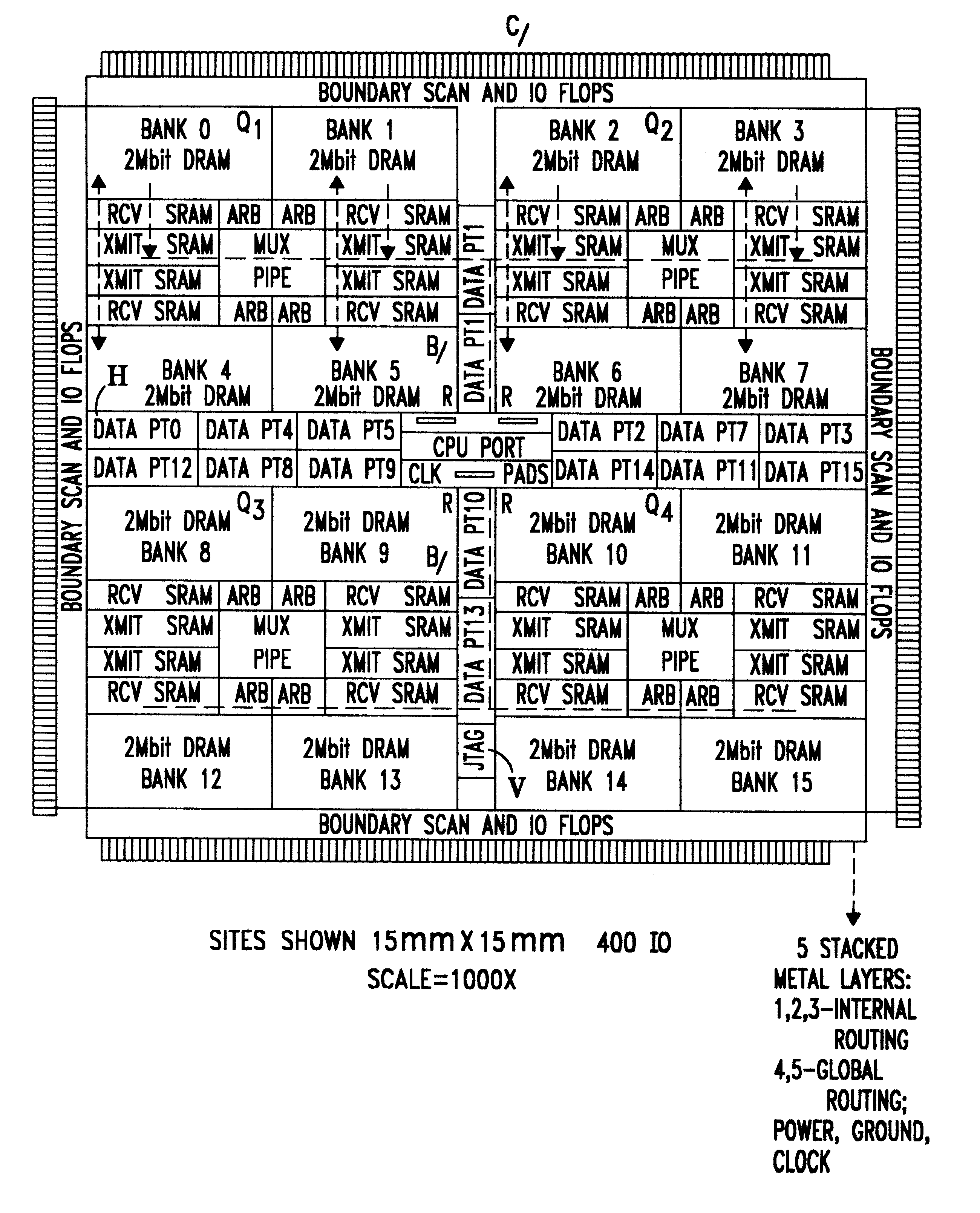 Chip layout for implementing arbitrated high speed switching access of pluralities of I/O data ports to internally cached DRAM banks and the like