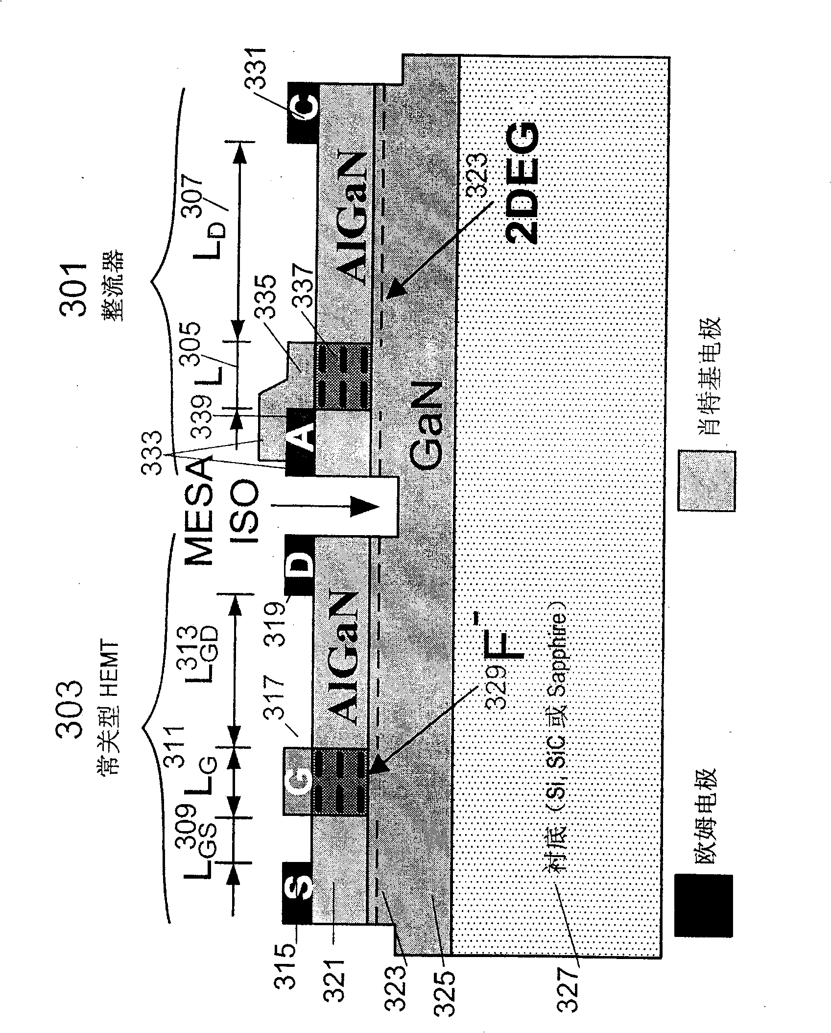 Integrated hemt and a combination, method as well as a system of a horizontal field effect rectifier