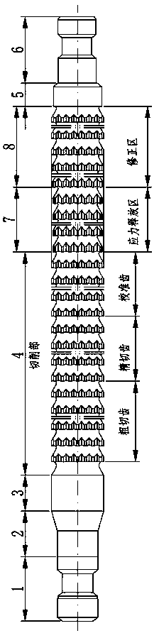 Spline broach with broaching stress release area and correction area