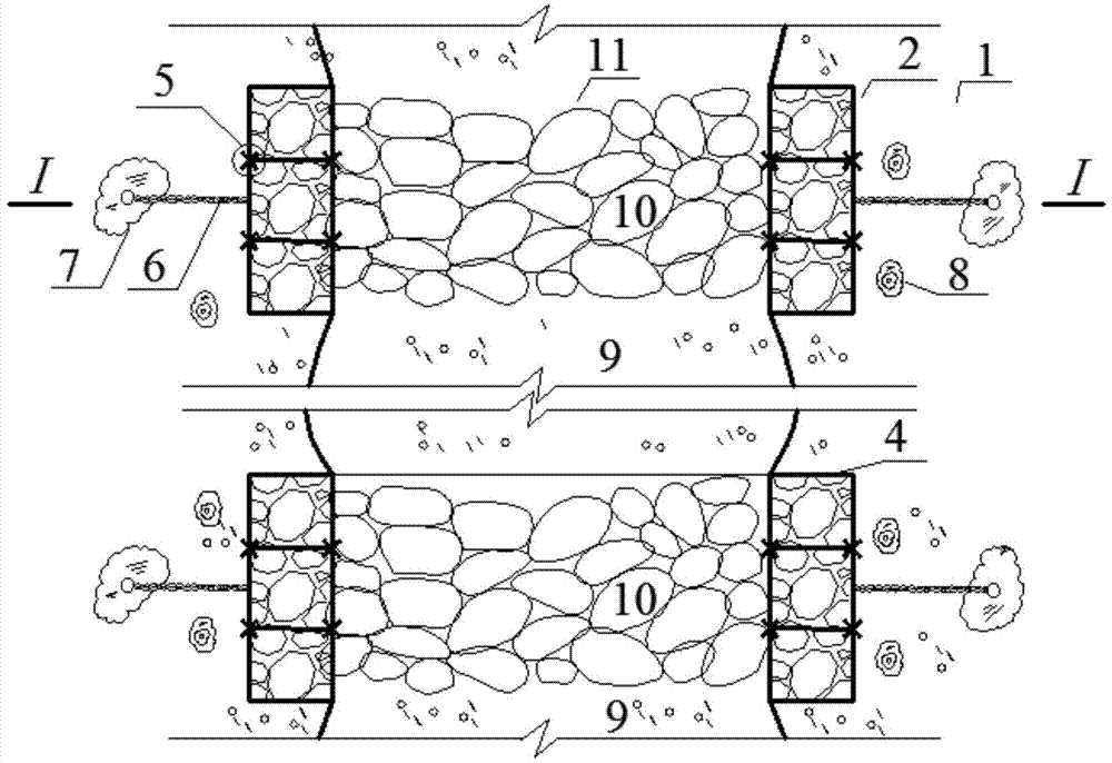Arch type flexible ecological revetment structure for small and medium-sized valley or river channel and construction method for arch type flexible ecological revetment structure