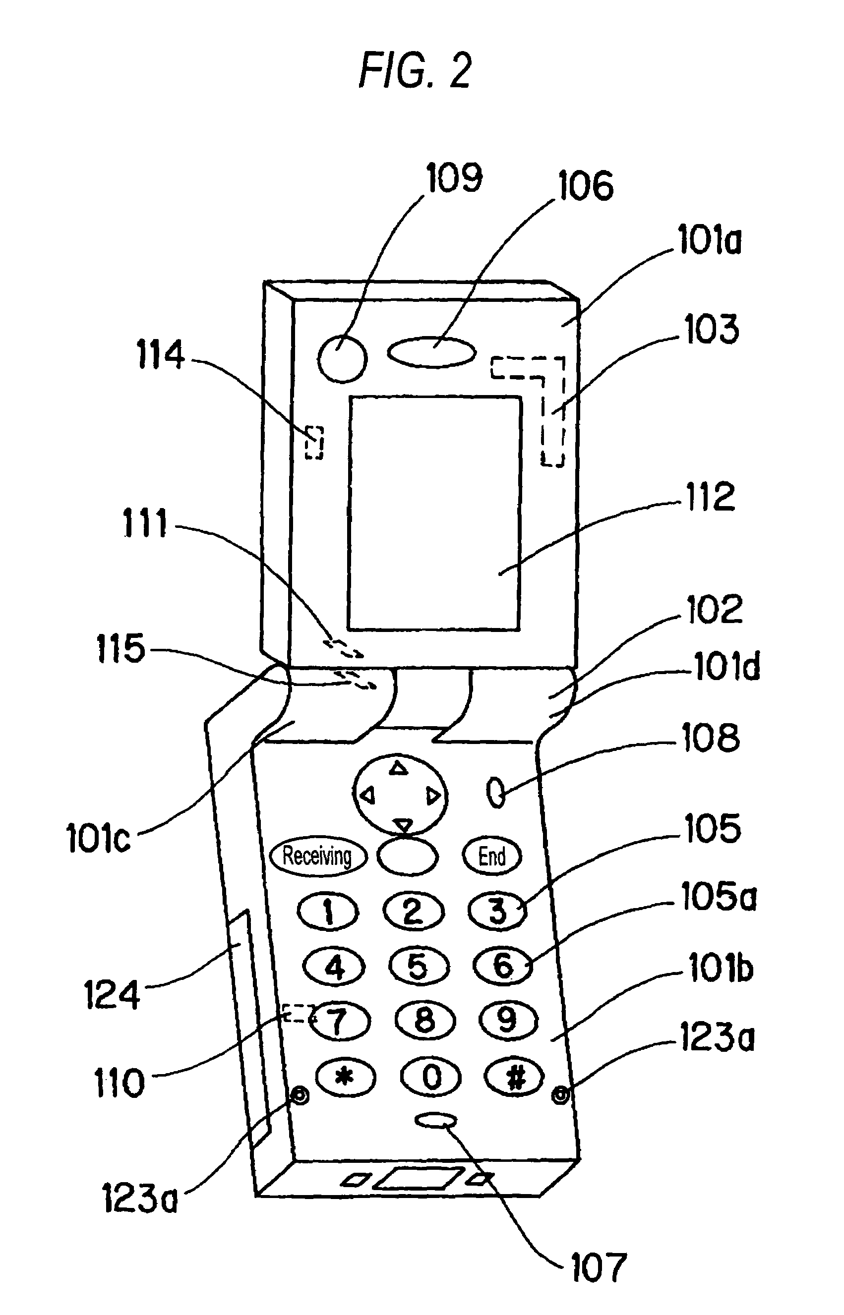 Clamshell portable wireless terminal with an upper housing and a lower housing joined together with a rotating hinge