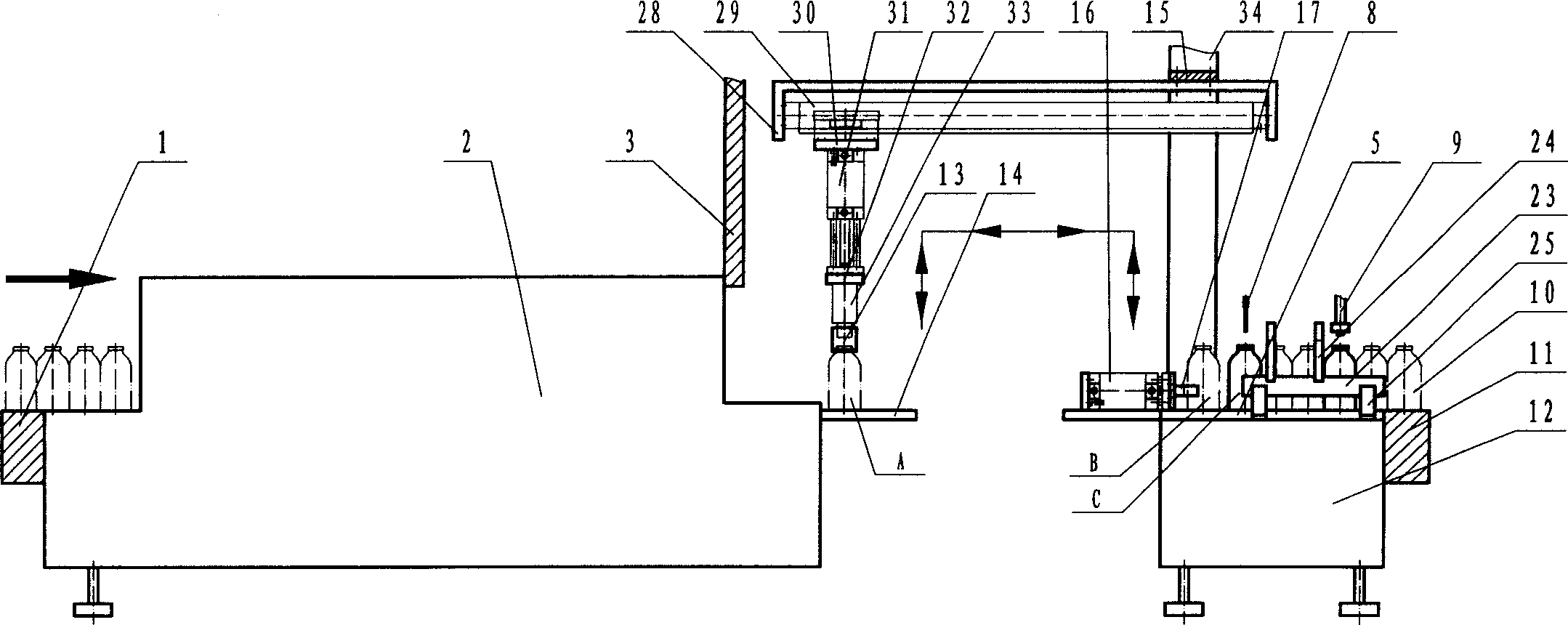 Cleaning, filling and capping device for glass bottle or similar container