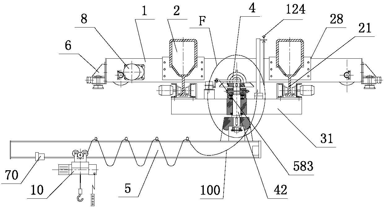 Crane with end beam hanging trolley and rotating mechanism with fan gear transmission