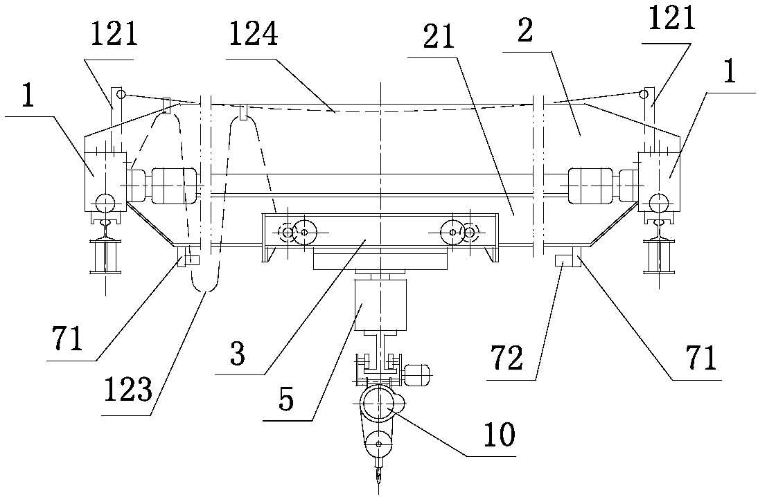 Crane with end beam hanging trolley and rotating mechanism with fan gear transmission