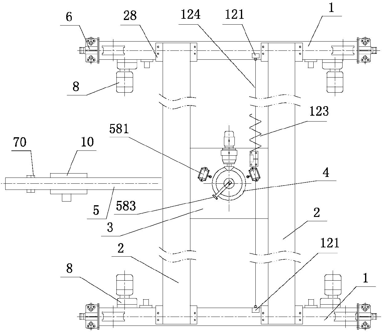 Crane with end beam hanging trolley and rotating mechanism with fan gear transmission