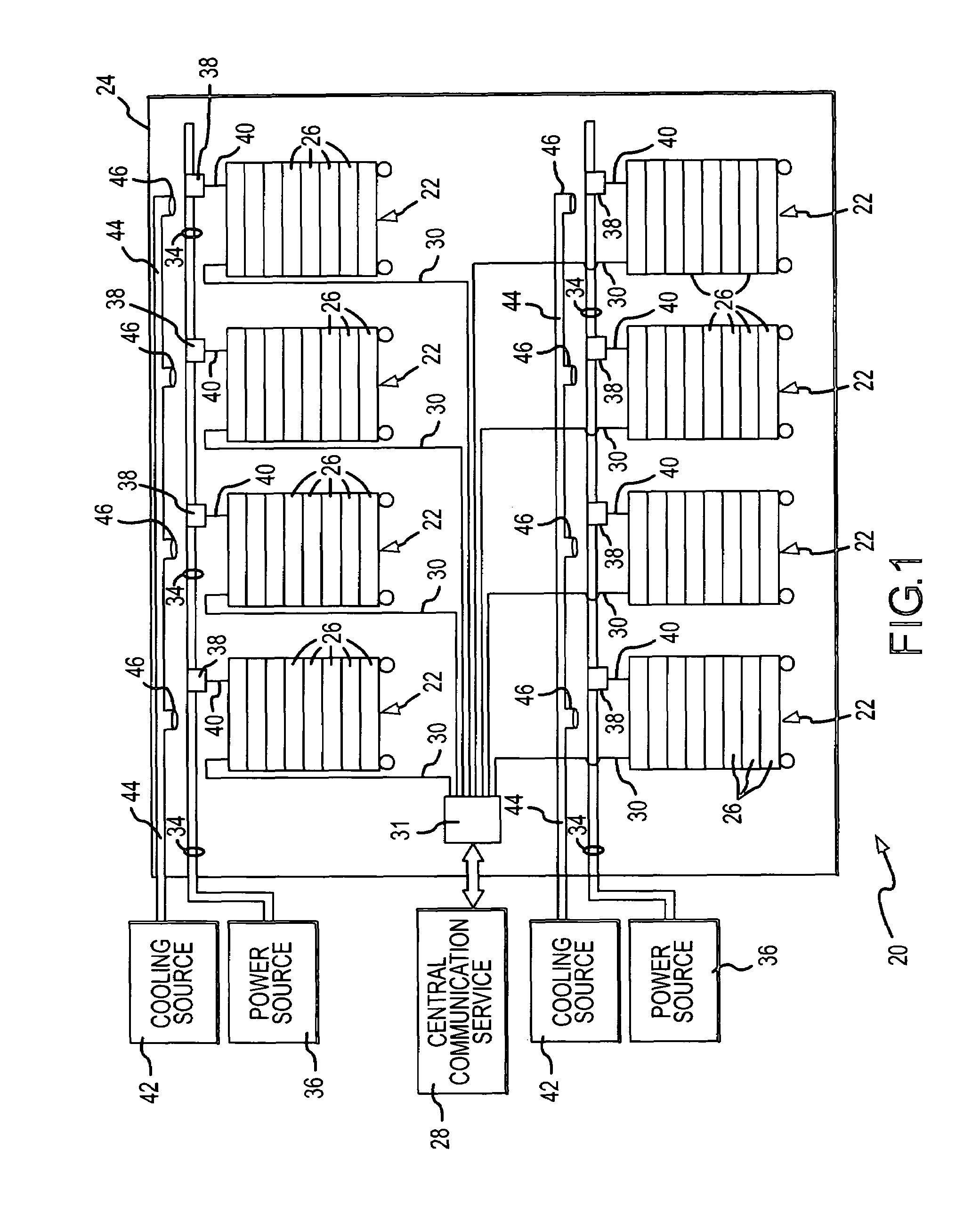 Data center with mobile data cabinets and method of mobilizing and connecting data processing devices in a data center using consolidated data communications and power connections