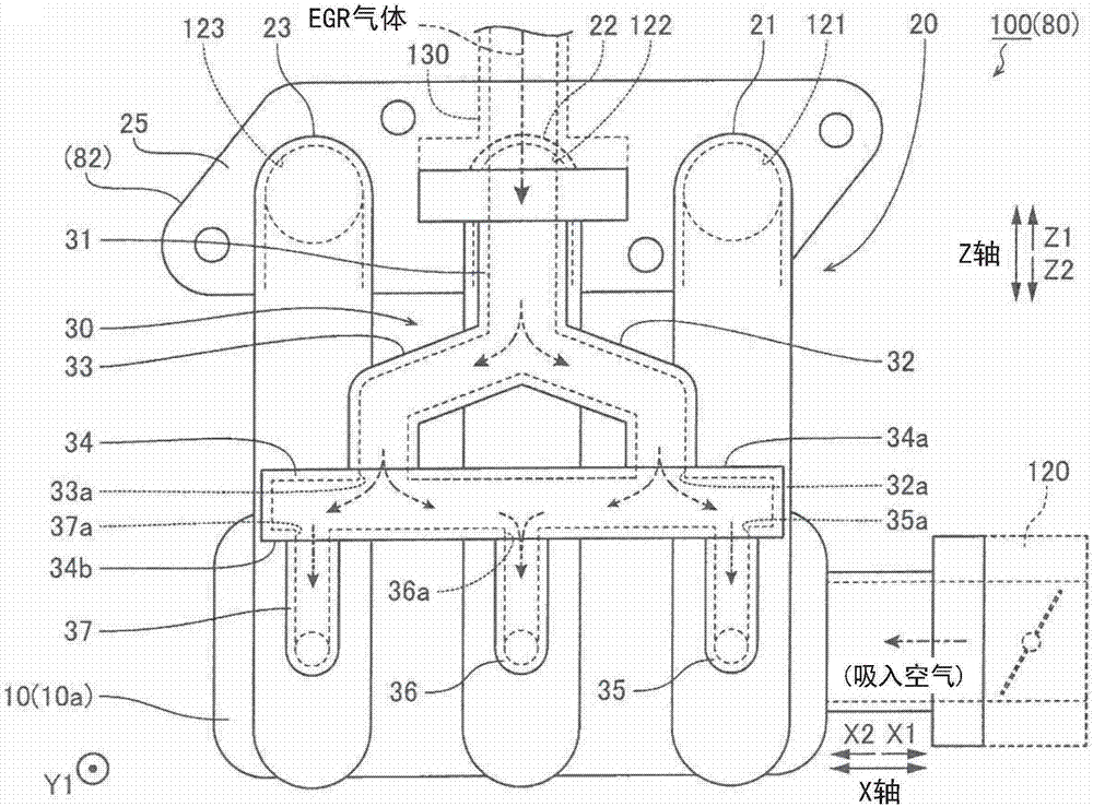 Intake device for internal combustion engine, and outside gas distribution structure for internal combustion engine