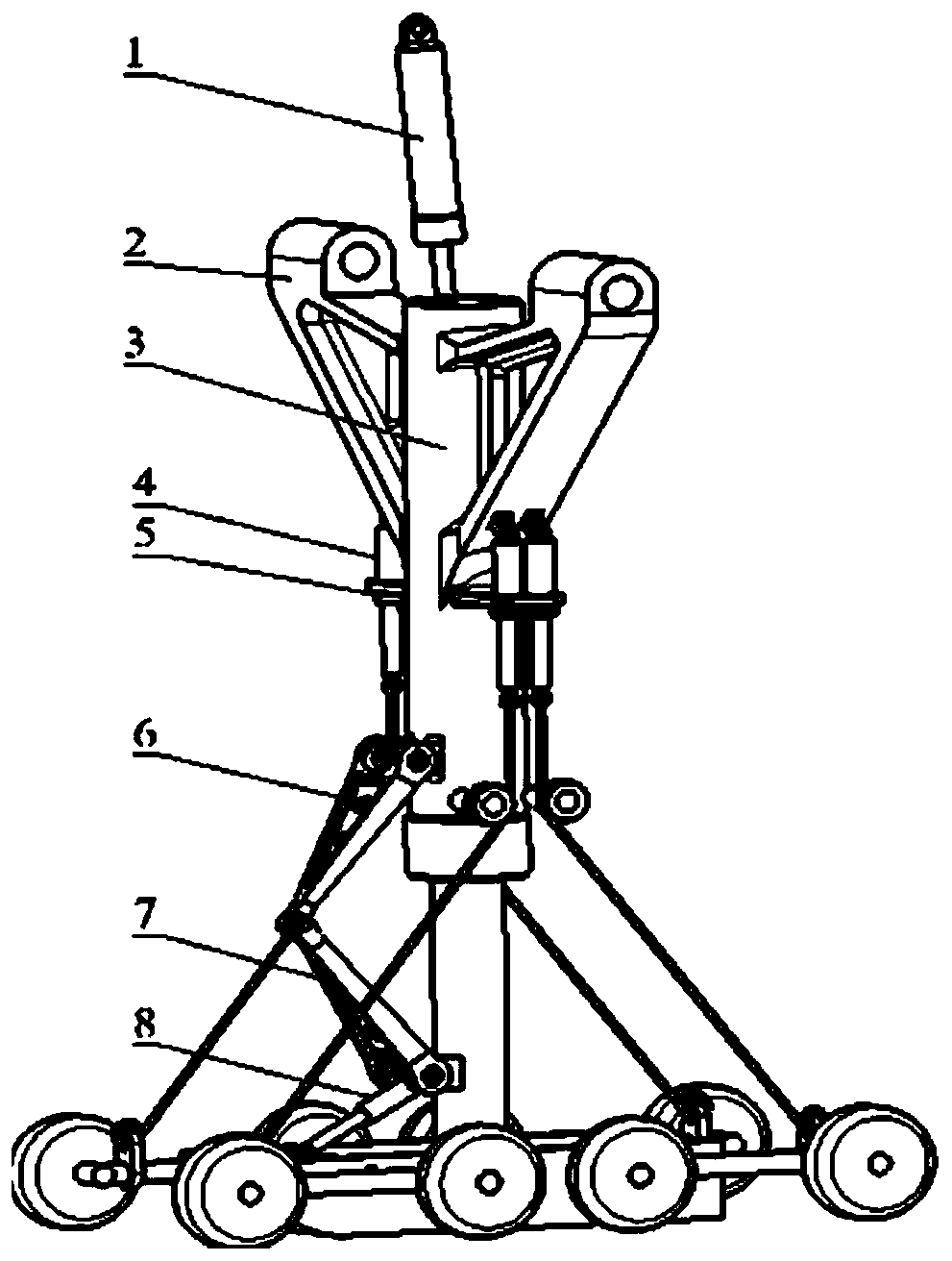 Skid type landing device with auxiliary pulleys, capable of correcting deviation and suitable for narrow retraction space