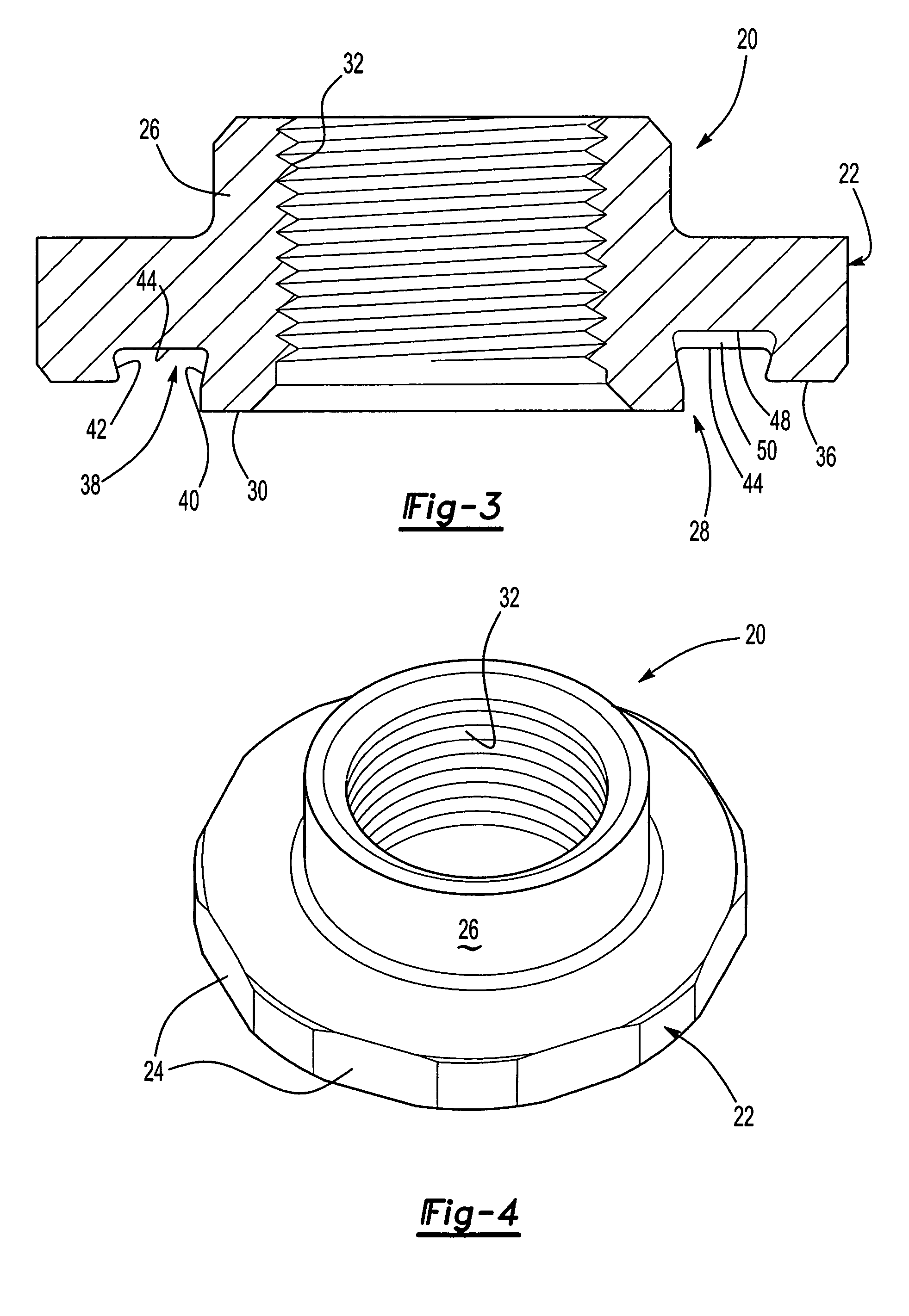 Self-attaching female fastener element, sealed fastener and panel assembly and method of forming same
