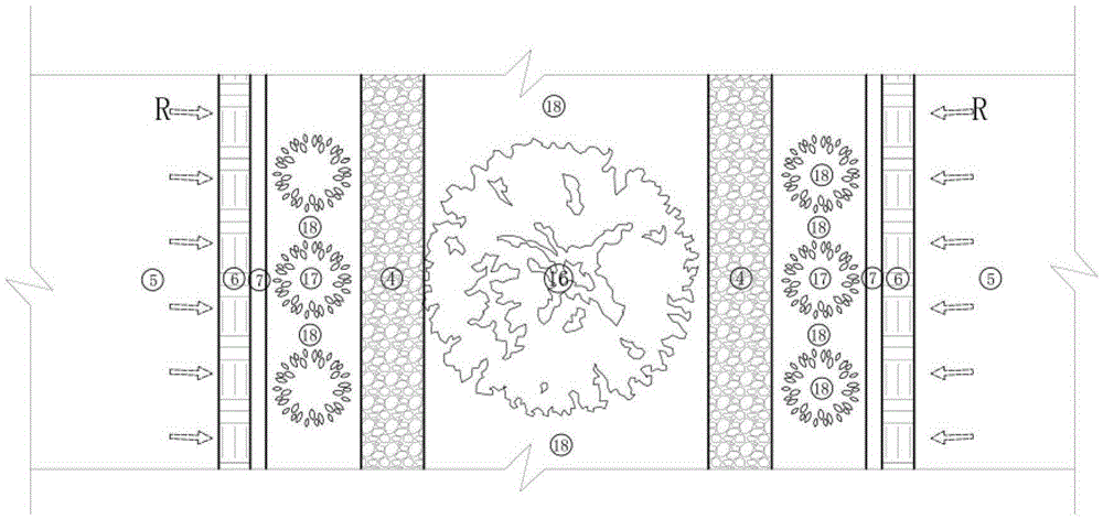 Retention, storage, filtration, discharge and guide system of hilly extending landscape zone