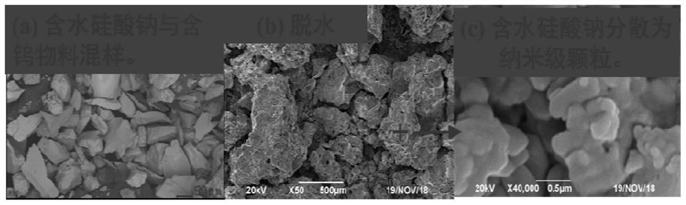 A method for extracting tungsten from tungsten-containing raw materials by using hydrous sodium silicate