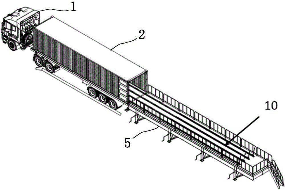 High platform container loading and unloading device and control method thereof