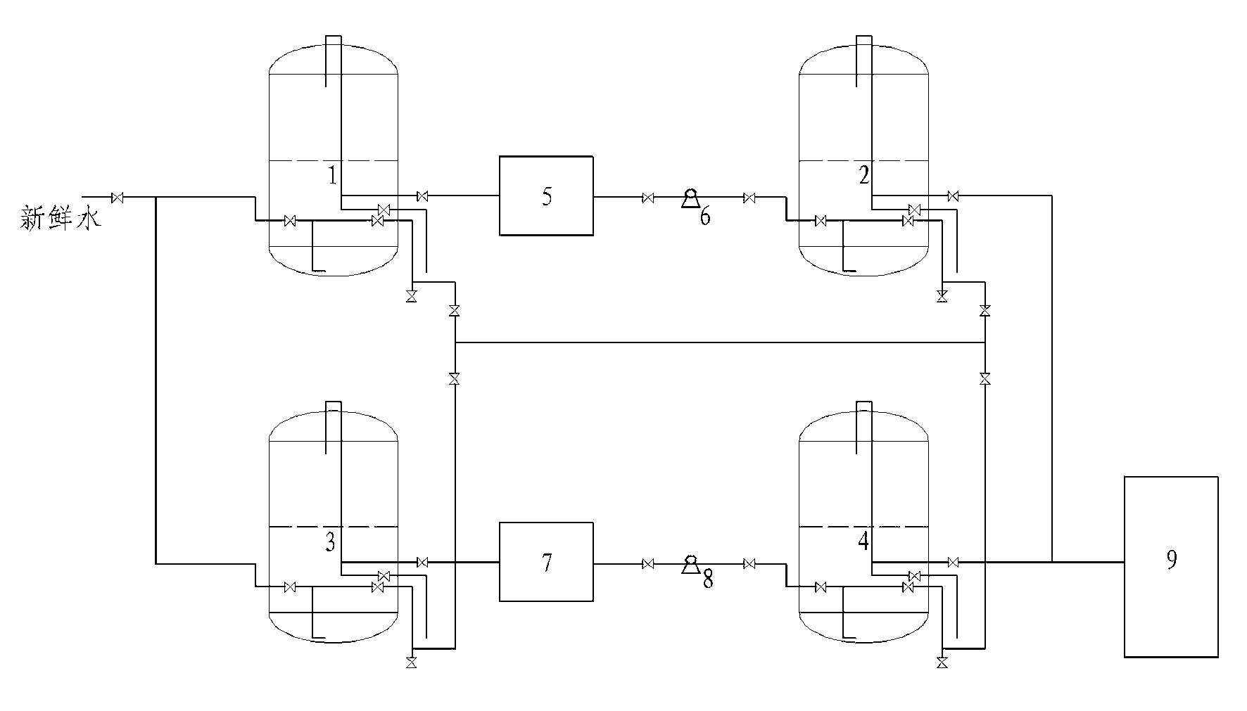 Method for preparing desalted water by double-chamber floating bed ion exchange
