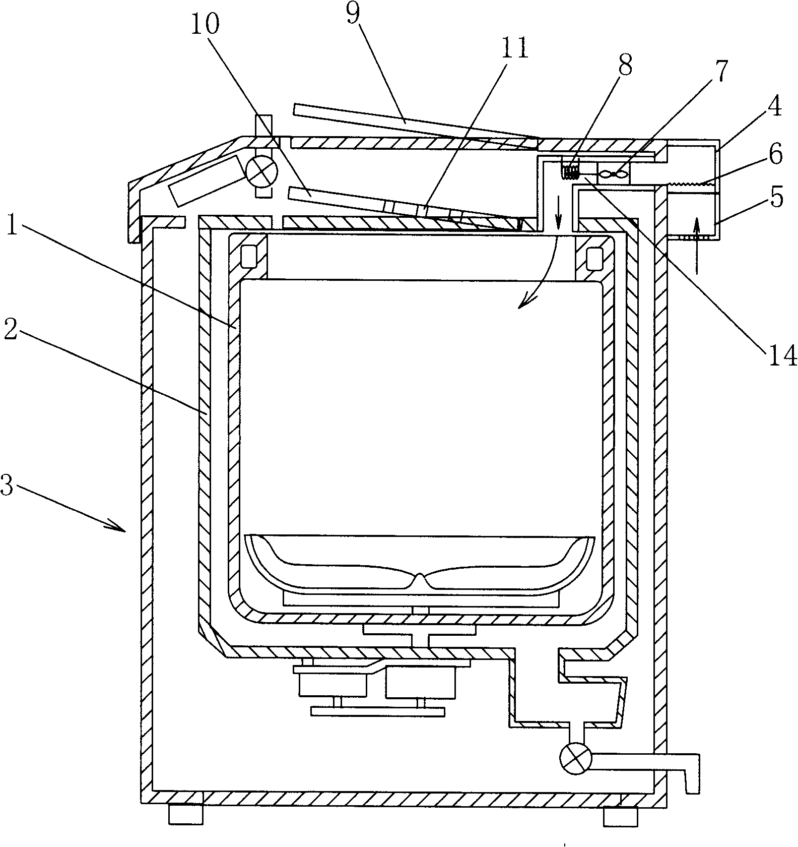 Rotary drum washing machine with transverse warm air fan and detachable filter