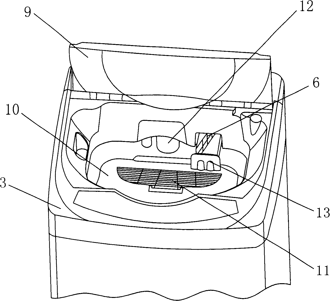 Rotary drum washing machine with transverse warm air fan and detachable filter