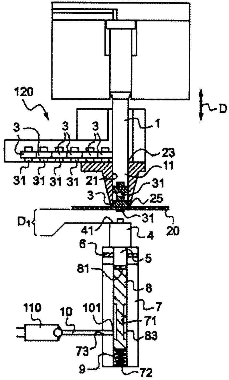 Device for crimping element to be crimped on part