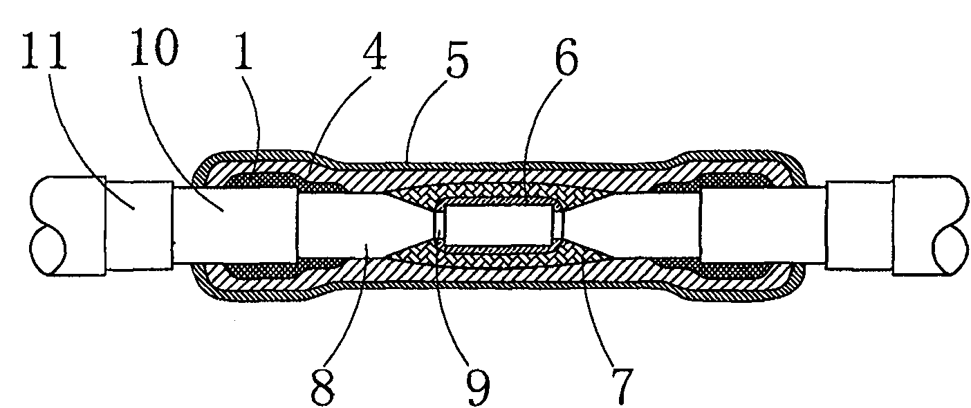 Thermal shrinkage type composite casing tube for cable midst joint and manufacturing method thereof