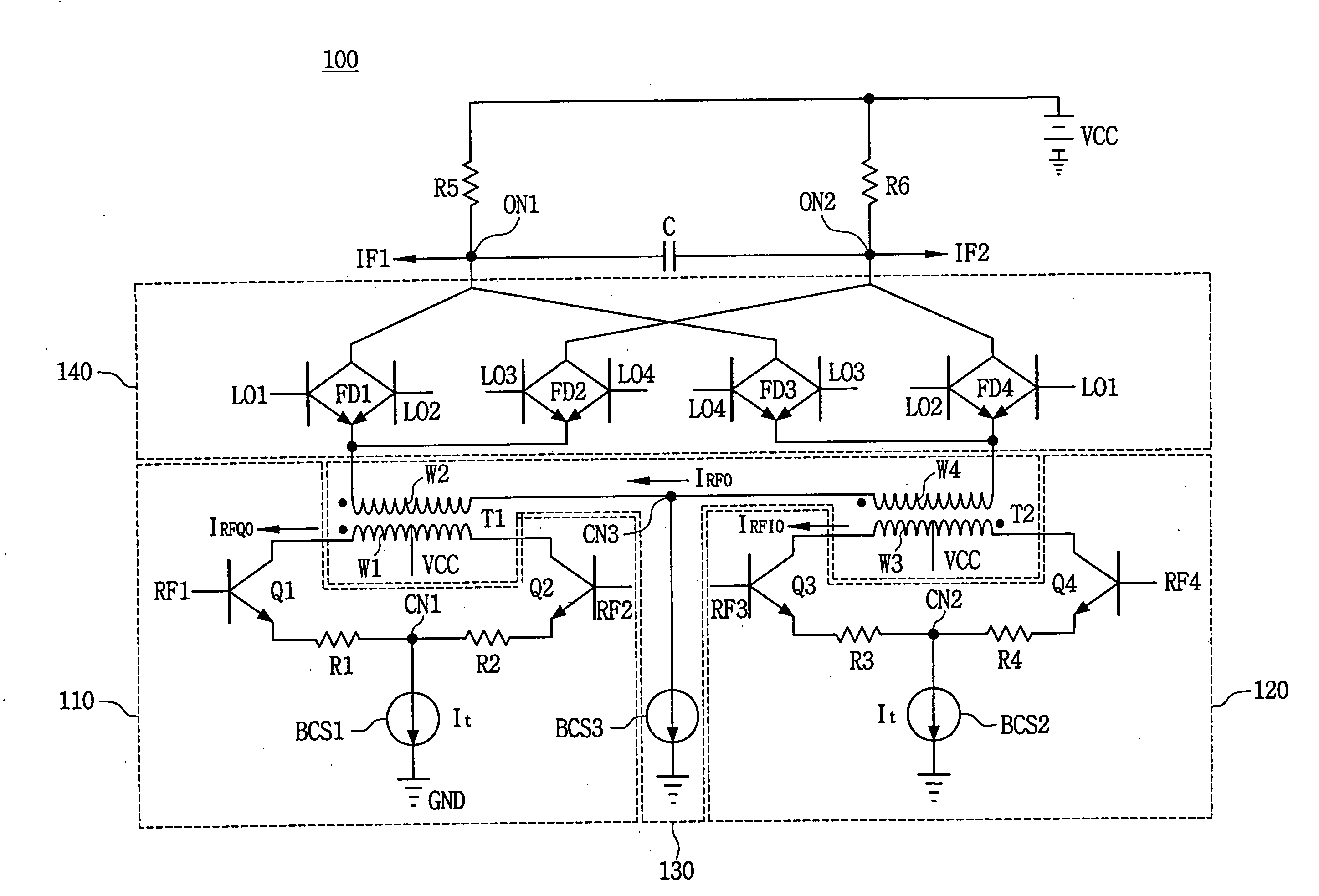 Circuit and method for receiving and mixing radio frequencies in a direct conversion receiver