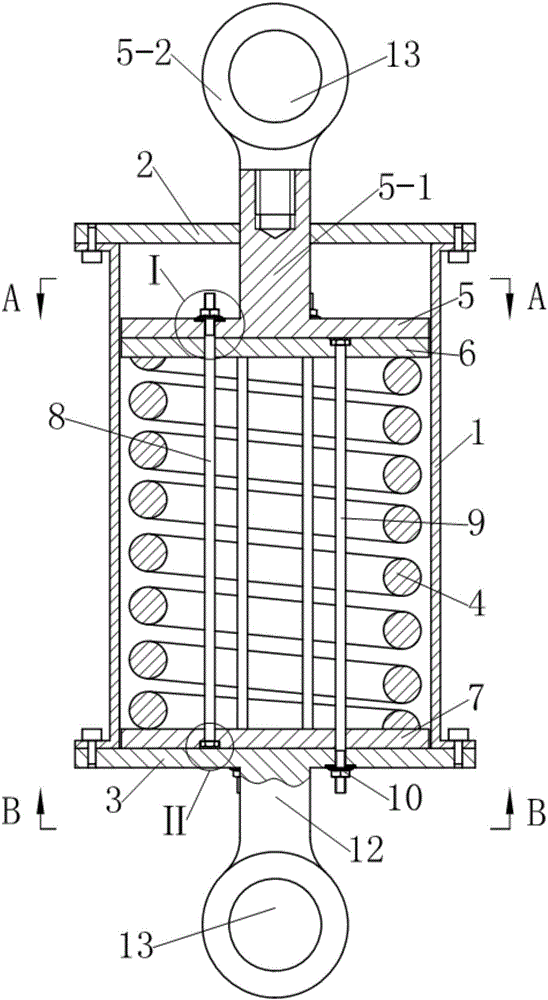 Pull-rod spiral spring damper with presettable early-stage rigidity