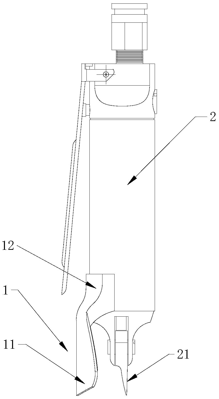 Pneumatic shear device for preventing splashing in cutting process of pins of elements of electric vehicle