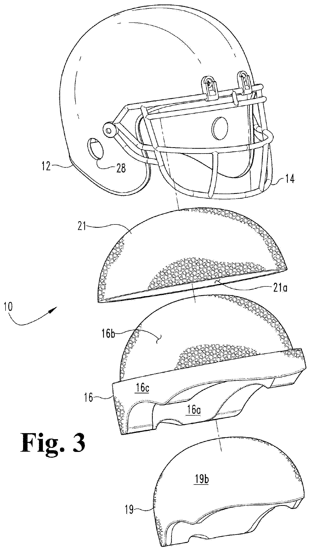 Football helmet having three energy absorbing layers