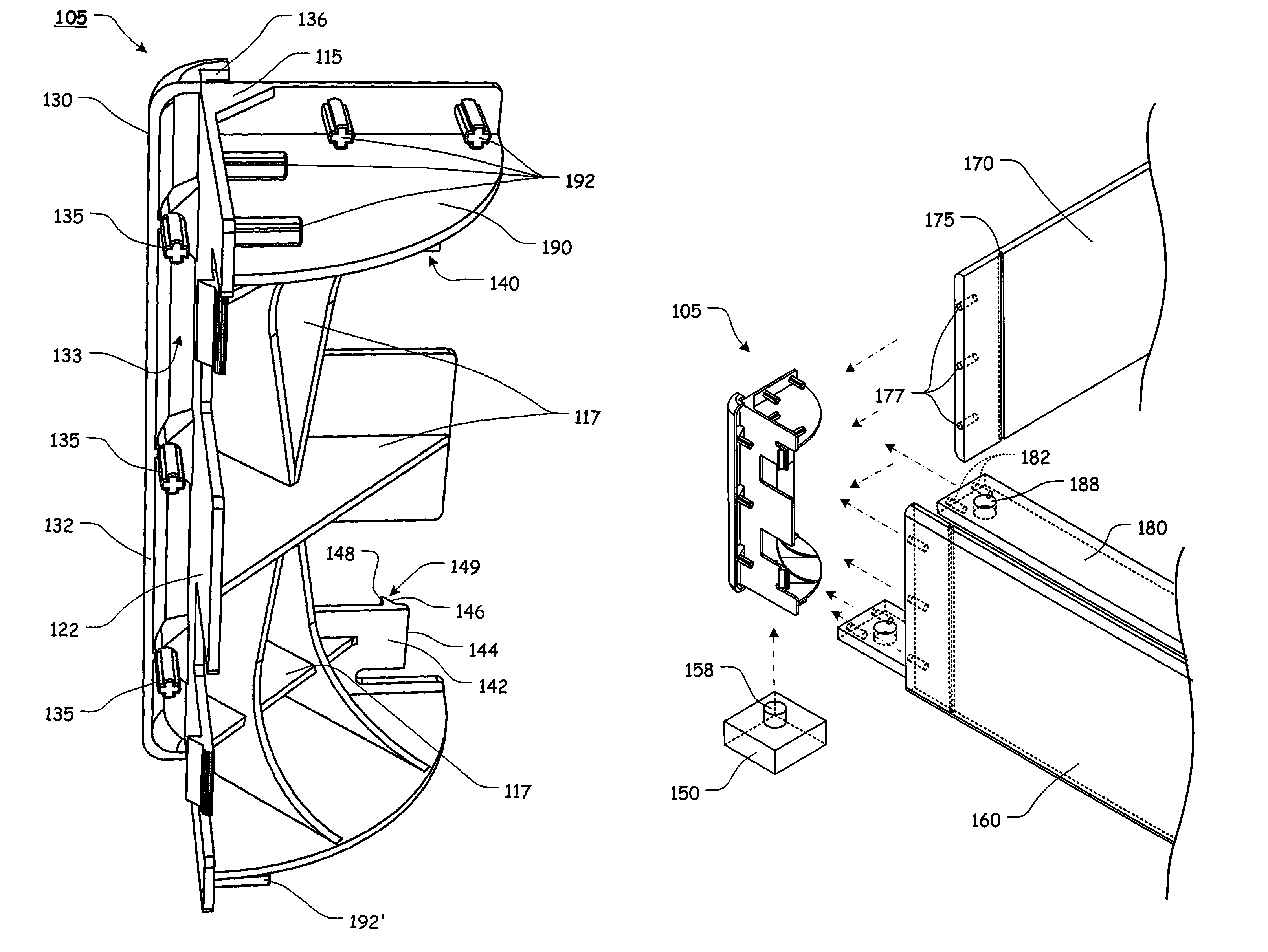 Connector element with tang fixation and associated frame assembly with support slats