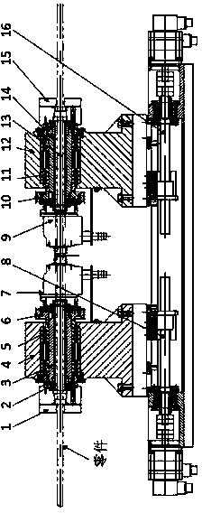Long shaft double-head turning and clamping drive device and method