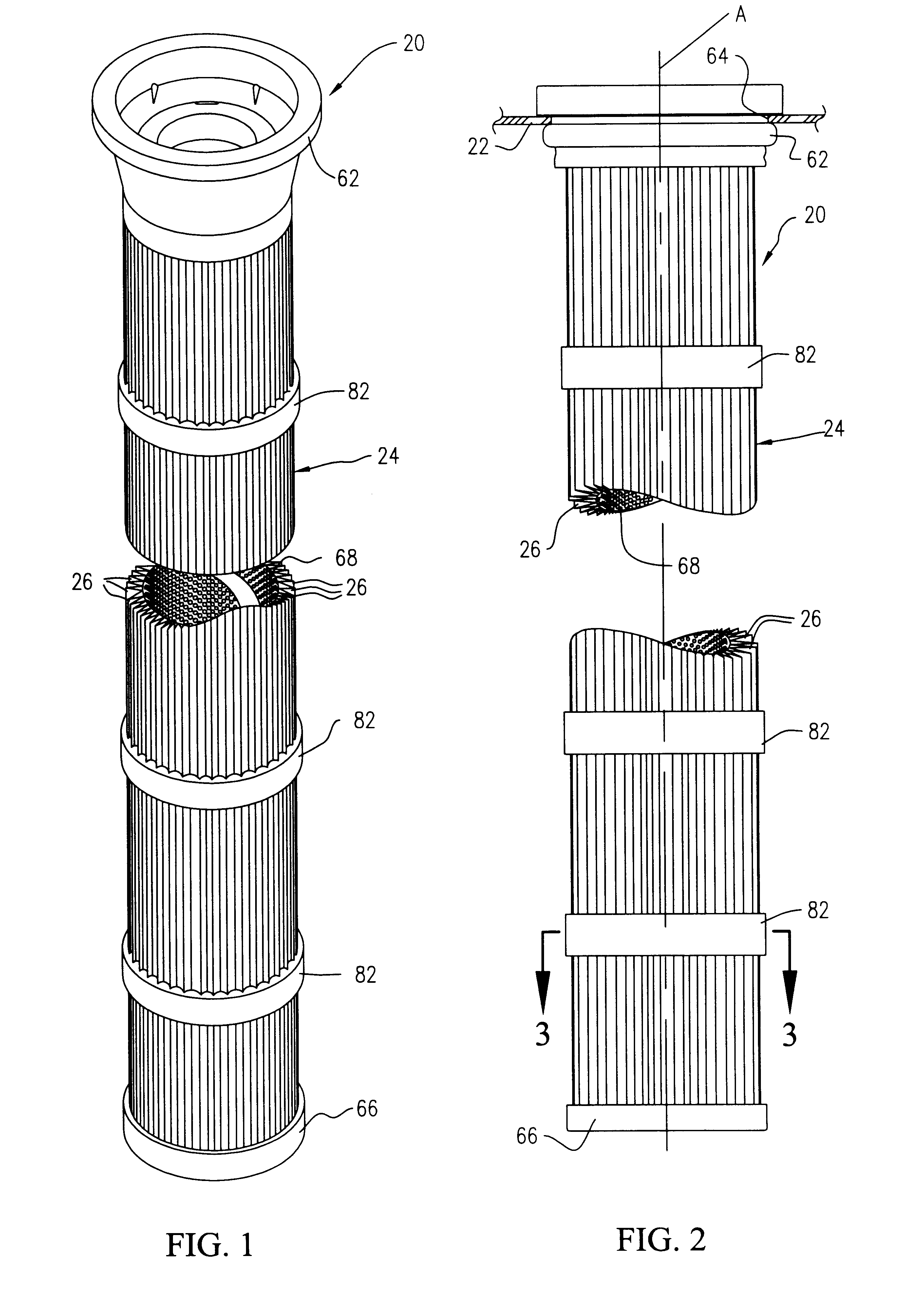 Filter cartridge with strap and method