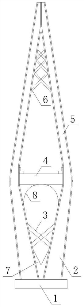 Bridge tower with space inclined struts arranged between tower limbs and construction method