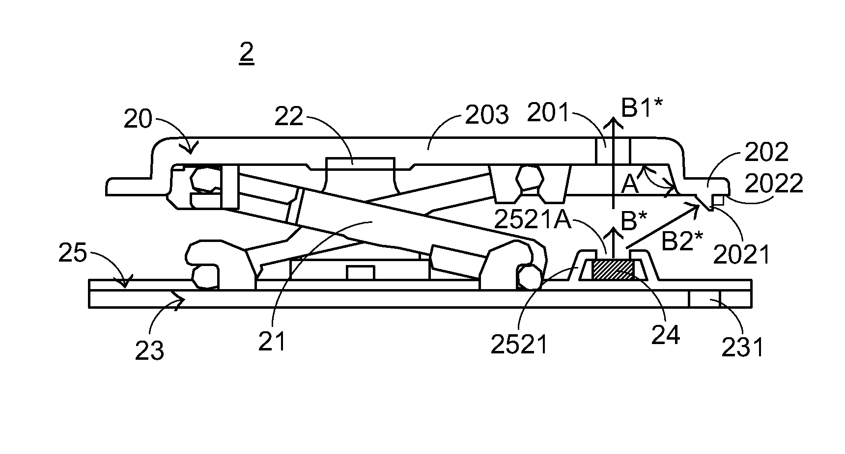 Key structure with scissors-type connecting member