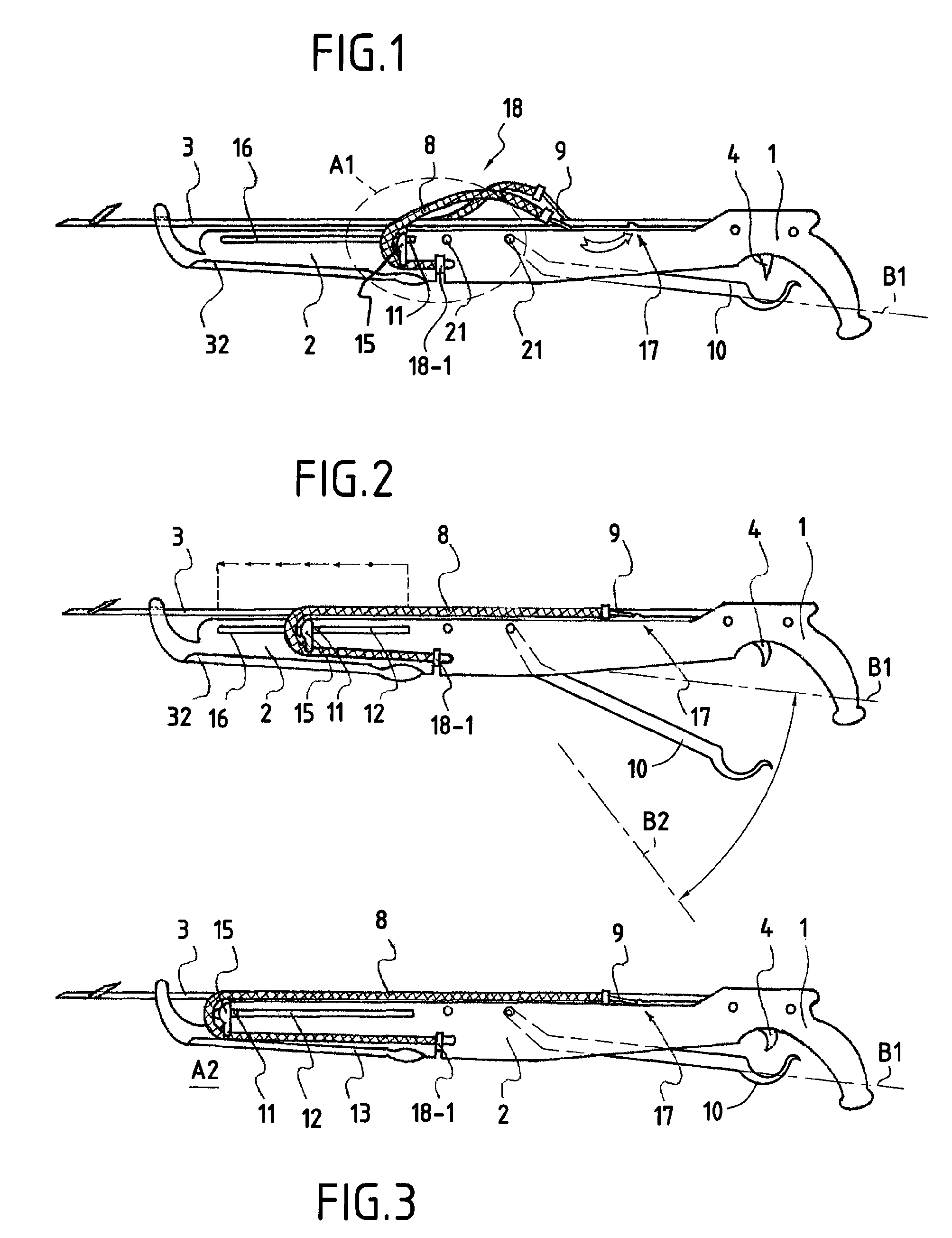 Underwater hunting gun of the crossbow type with effortless string-drawing device and low recoil