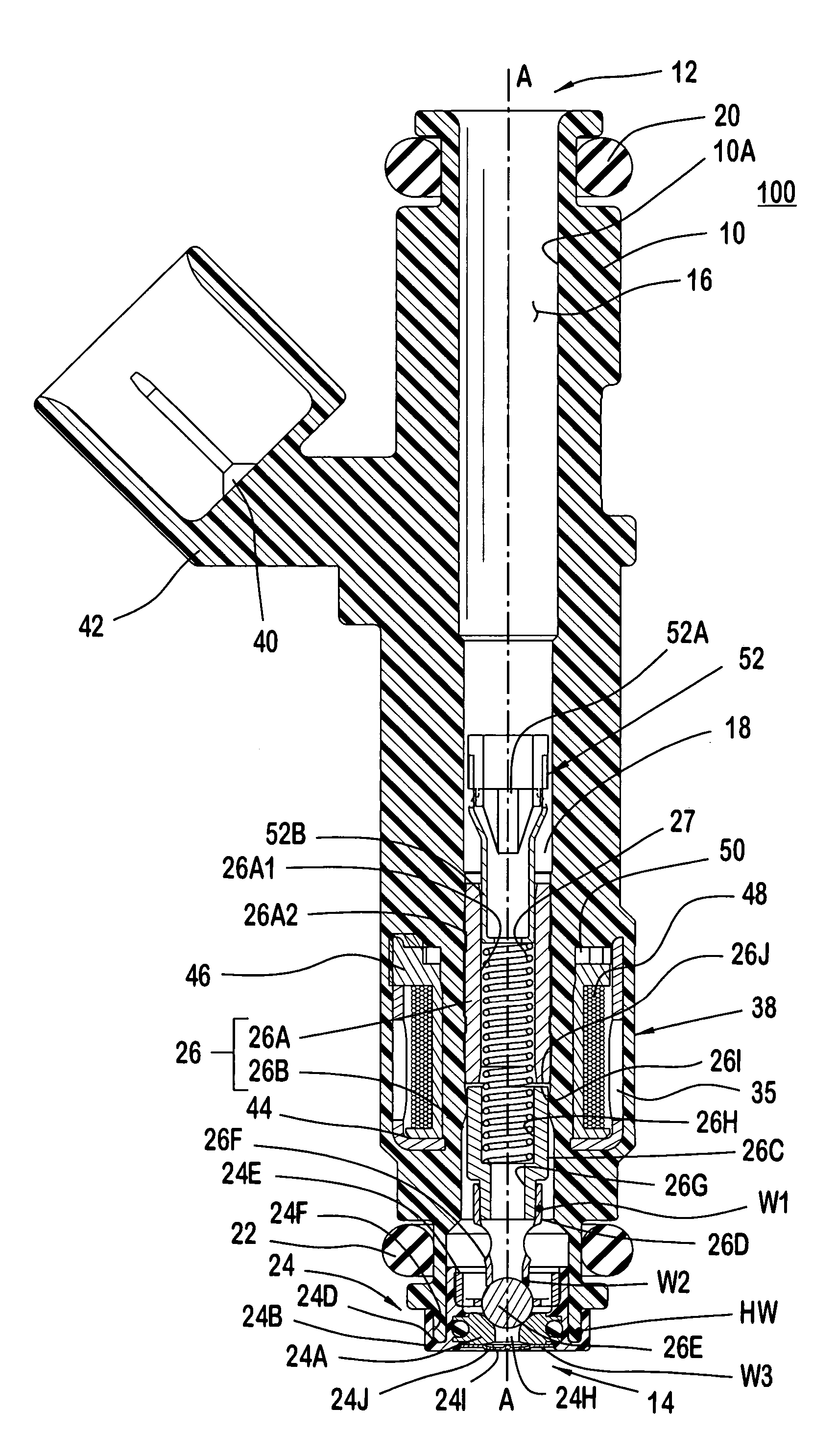 Polymeric bodied fuel injector with a seat and elastomeric seal molded to a polymeric support member