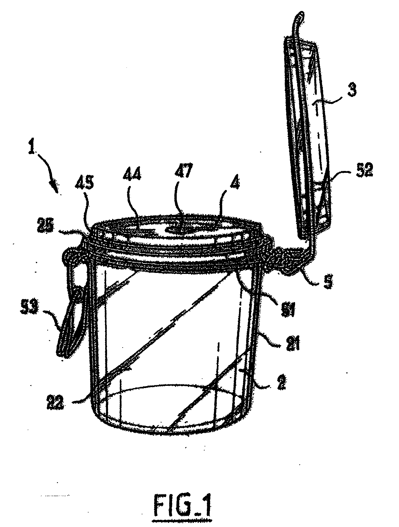 Container of the type comprising a receptacle and a hinged lid