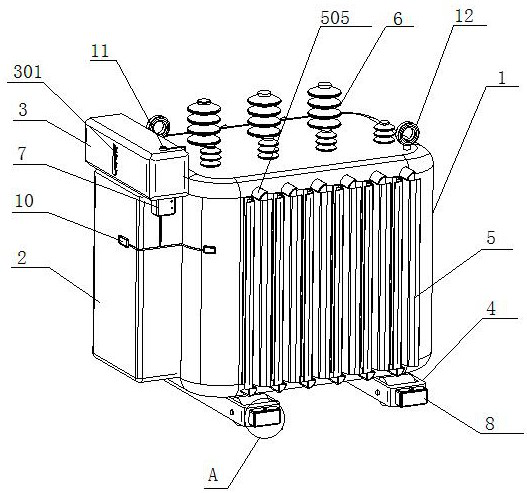 An oil-immersed three-phase transformer