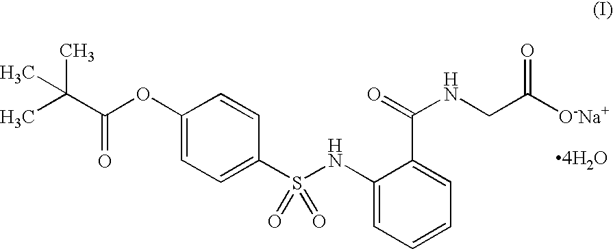 Solution of N-[o-(p-pivaloyloxybenzenesulfonylamino)benzoyl] glycine monosodium salt tetra-hydrate and drug product thereof