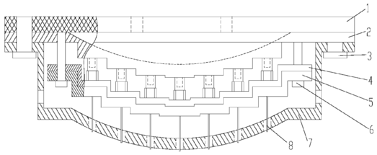 A curved array electrospinning nozzle with sheath gas confinement